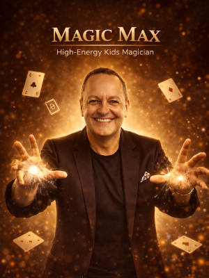 Magic Max performing a card trick, with cards flying around and a bold brand logo.