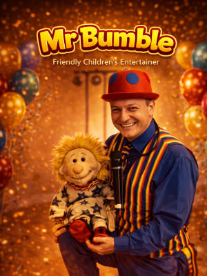 Mr. Bumble, the children's entertainer, with Star the puppet and balloons, in front of a DJ screen.