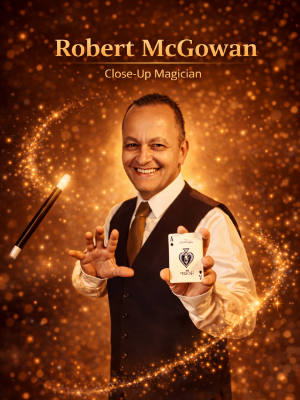 Robert McGowan close-up magician performing card magic with crystal ball and rings on table