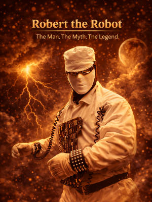 Robert the Robot Glasgow performing robotic mime under dramatic night sky with lightning and moon